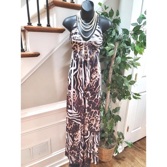 IB Diffusion Women's White & Brown Polyester V-Neck Sleeveless Long Maxi Dress S - Picture 11 of 11